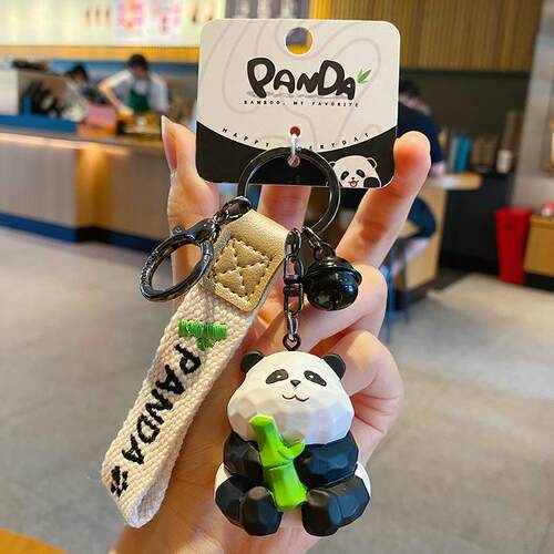 Original cute resin wooden sculpture style panda keychain, c