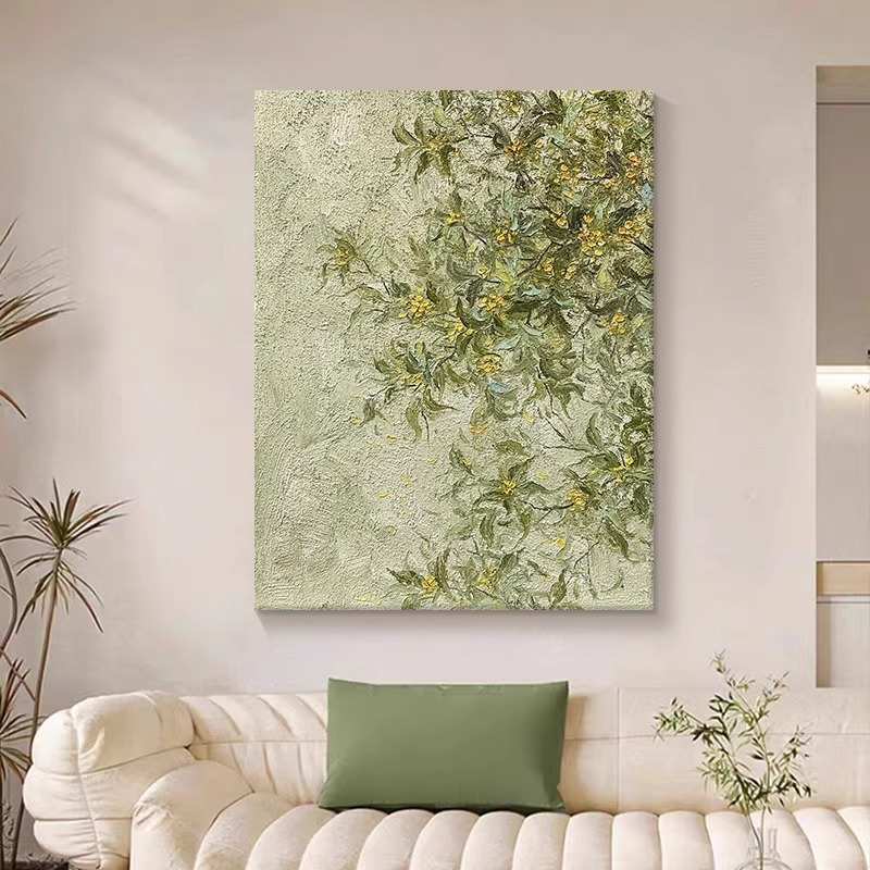 桂花纯手绘油画客厅装饰画绿植花卉玄关挂画手工丙烯石英砂肌理画图片