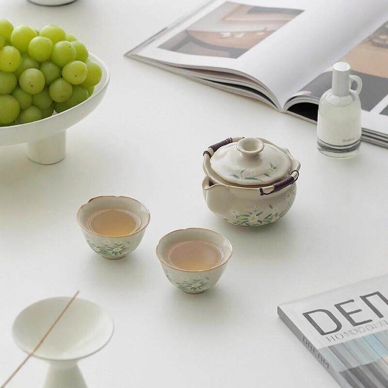 汝窑旅行茶具套装一壶四杯便携式快客杯户外露营泡茶壶茶杯礼盒装