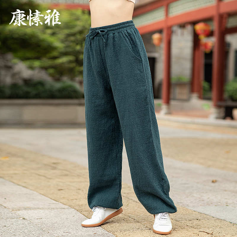 加厚瑜伽跑步秋冬雅宽松男女裤愫宽松康阔束运动裤脚裤腿太极棉麻