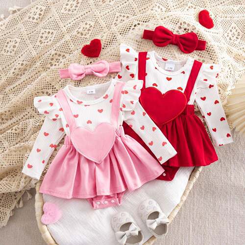 Valentine Baby Girl Outfit Heart Print Ribbed Long Sleeve
