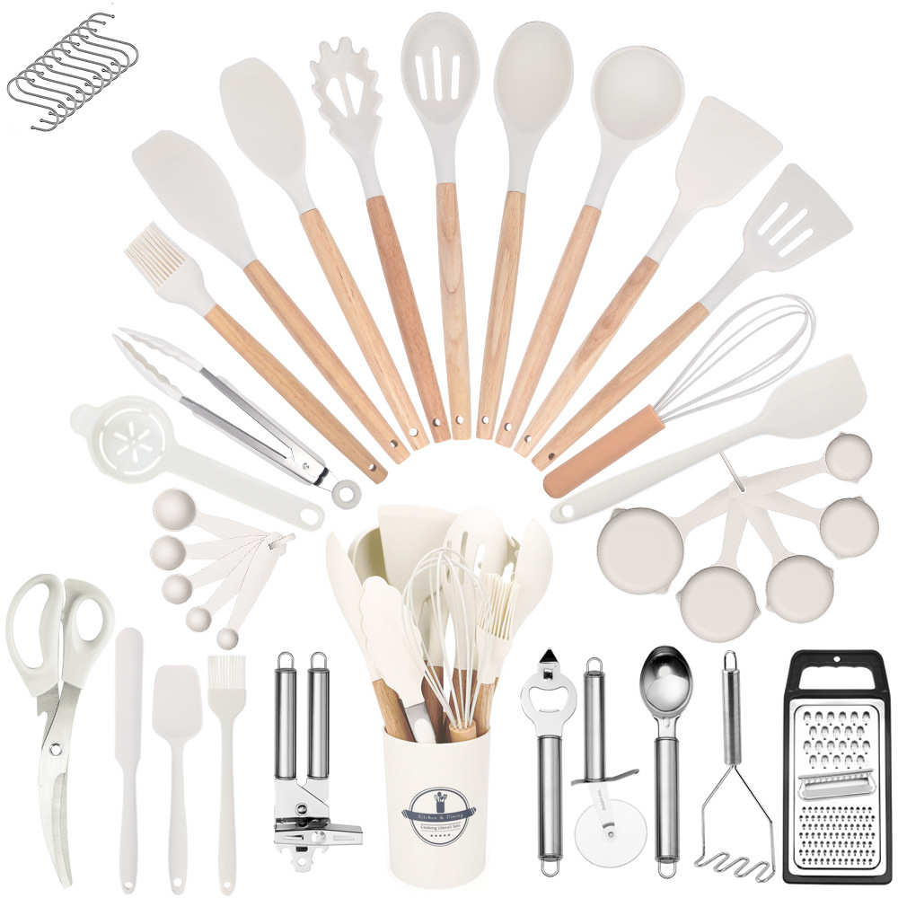 木柄硅胶厨具44件套收纳桶不粘铲勺烹饪厨具工具硅胶铲勺套装
