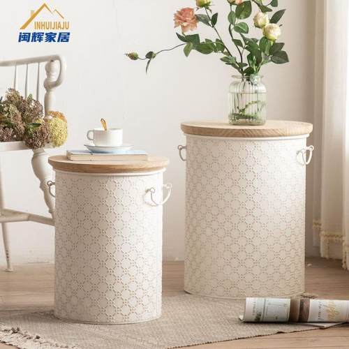 奶油风复古实木桌面铁质收纳桶小户型客厅装饰沙发边几卧室床头几