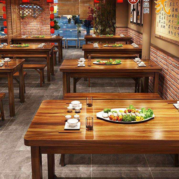 实木碳化桌饭店桌椅组合快餐小吃店烧烤桌子面馆长条桌碳化木桌椅