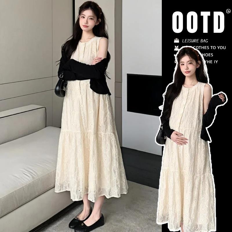 孕妈穿搭~孕妇装连衣裙2025新款夏季蕾丝镂空背心裙子防晒衫套装
