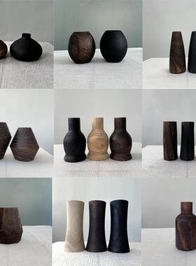 新中式复古怀旧实木碳化色黑色原木小花瓶摆件样板间酒店民宿装饰