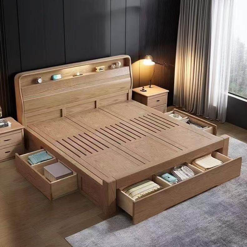 全实木白蜡木床1.8米主卧带夜灯双人现代简约储物抽屉气压高箱床.