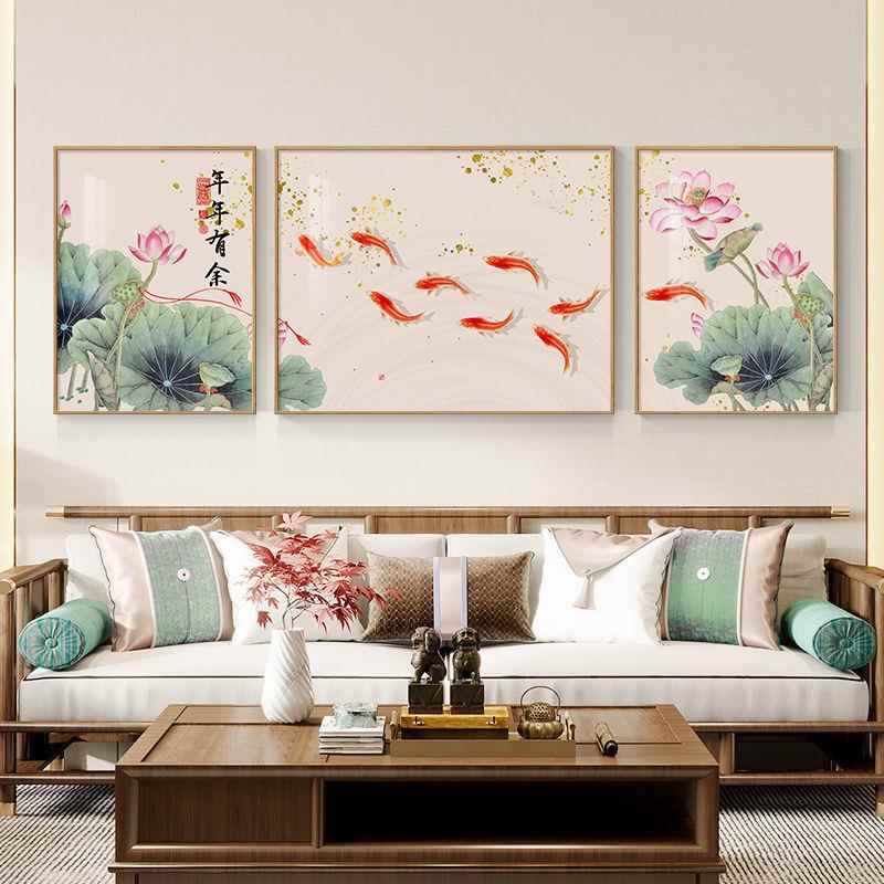 客厅装饰画沙发背景墙三联画壁画九鱼图中国风水墨山水画招财挂画