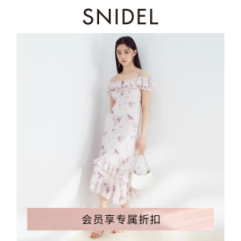 SNIDEL2024春夏荷叶边印花收腰系带露肩吊带连衣裙SWFO241311