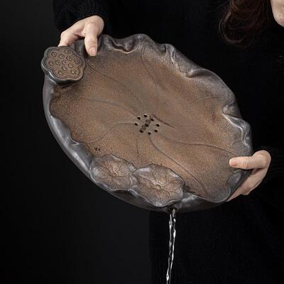 日式鎏金铁釉清荷莲香茶盘 陶瓷蓄水储水排水双用干泡盘茶台茶托