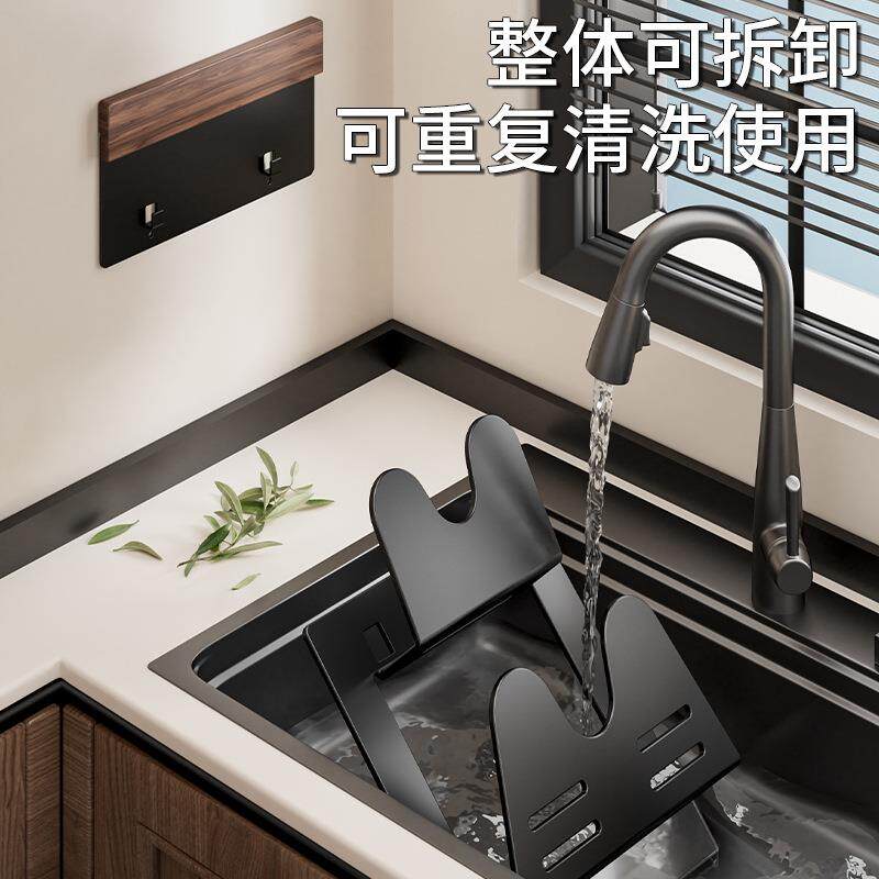 胡桃木壁挂锅盖架加厚砧板沥水收纳架太空铝免打孔厨房墙上置物架图片