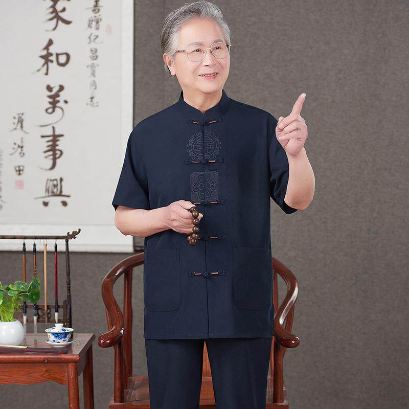 中国风唐装男2025夏季爷爷夏装套装中老年人爸爸短袖冰丝老年衣服