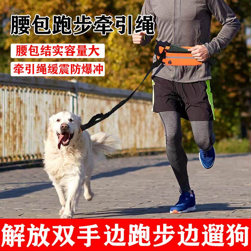 防爆冲跑步遛狗绳多功能可伸缩尼龙反光运动腰包宠物牵引绳防挣脱
