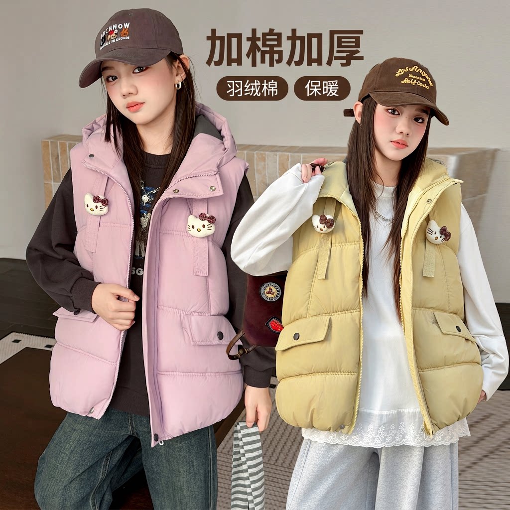 女童羽绒棉马甲秋冬季女孩加棉加厚保暖防风连帽背心外穿宽松坎肩