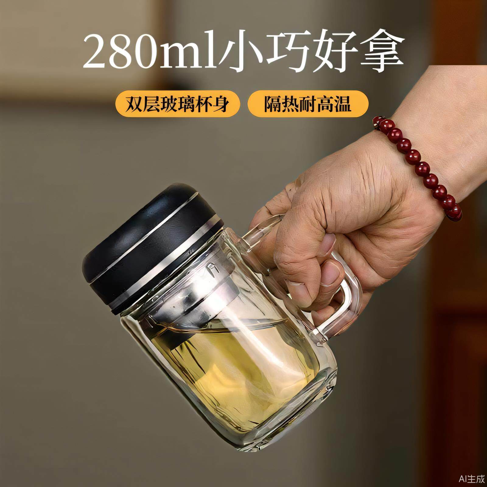 迷你双层玻璃杯耐高温茶水分离泡茶杯带把手女士男士个人专用茶杯