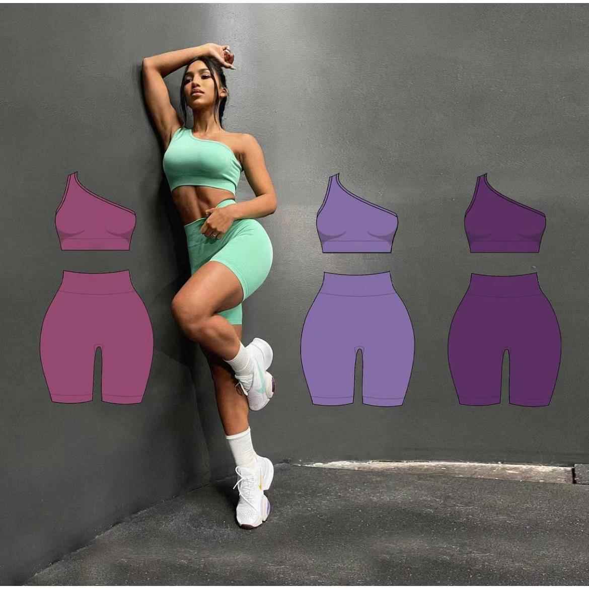 香萘 欧美跨境新品无缝瑜伽服女运动斜肩内衣健身瑜伽短裤套装