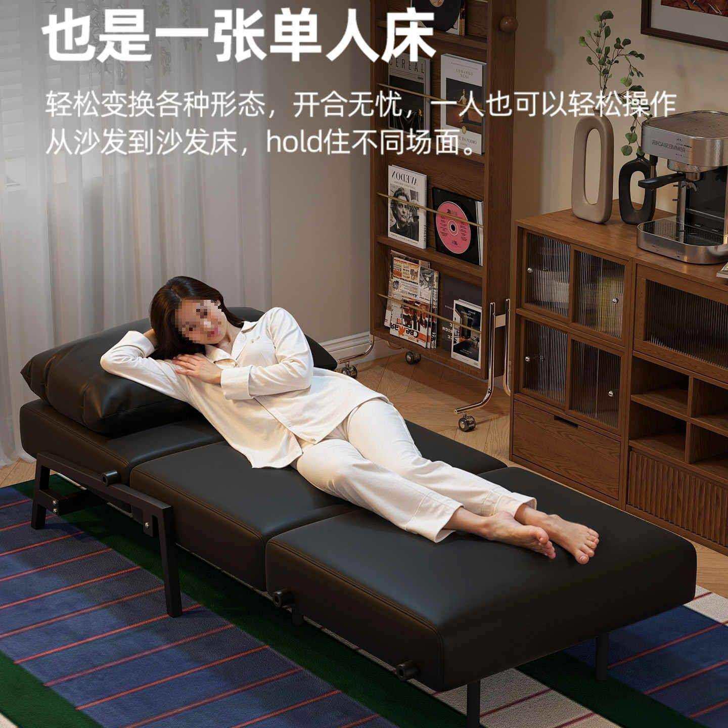 单人沙发床折叠两用小户型可坐可躺客厅沙发床黑色复古伸缩沙发