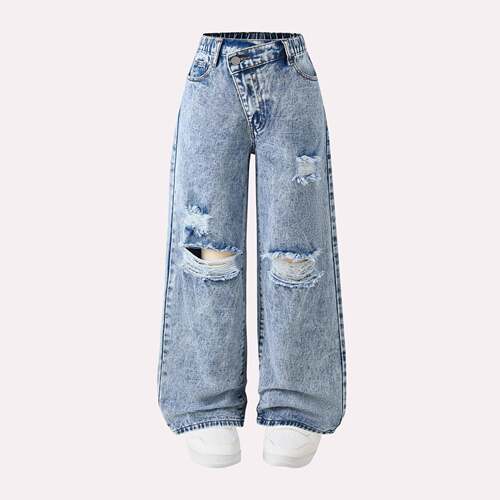 Teen Girls' Street Style Casual Light Wash Denim Jeans Soft