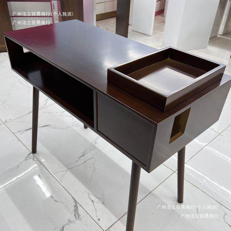 胡桃色实木美甲桌中古风复古美甲台单双人吸尘器美甲桌经济型