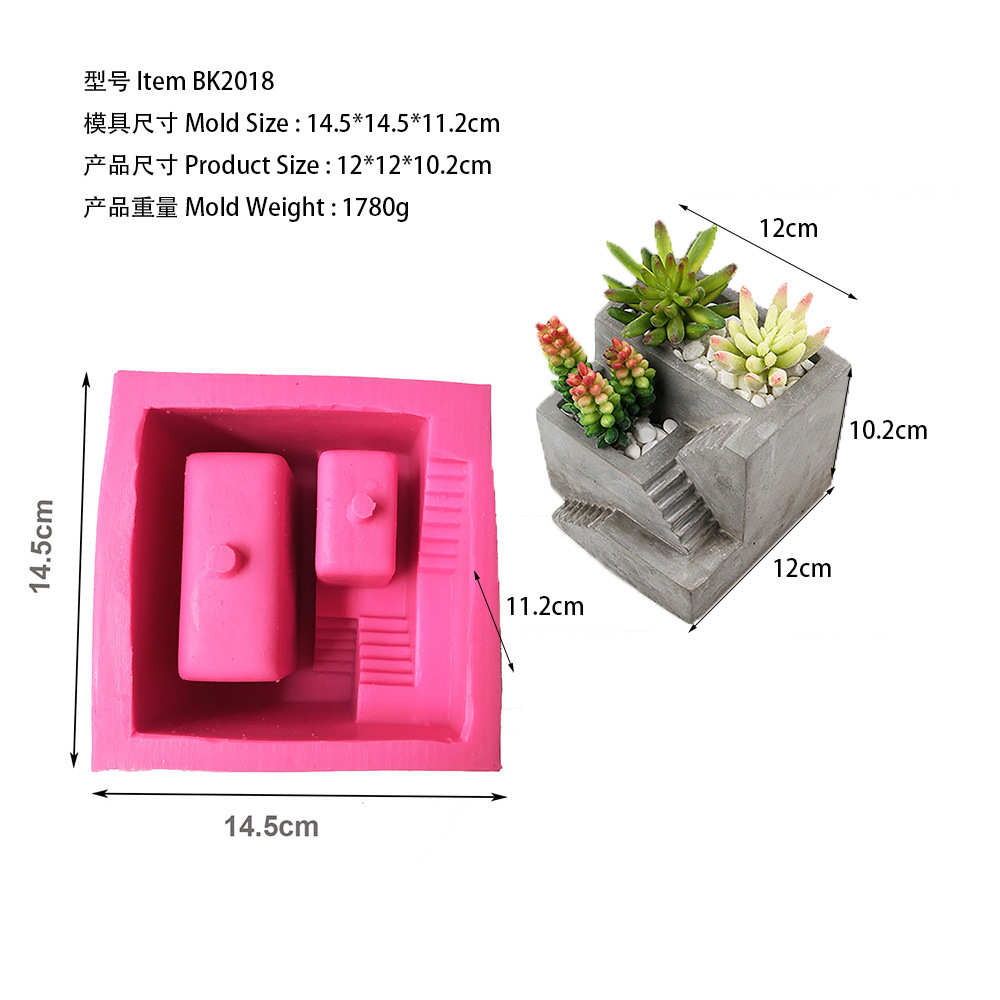 BK2018 小房子楼梯水泥花盆硅胶模具北欧台阶花器花瓶造型模
