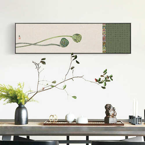 如云情 新中式卧室装饰画主卧床头橙色挂画横幅简约花鸟植物壁画