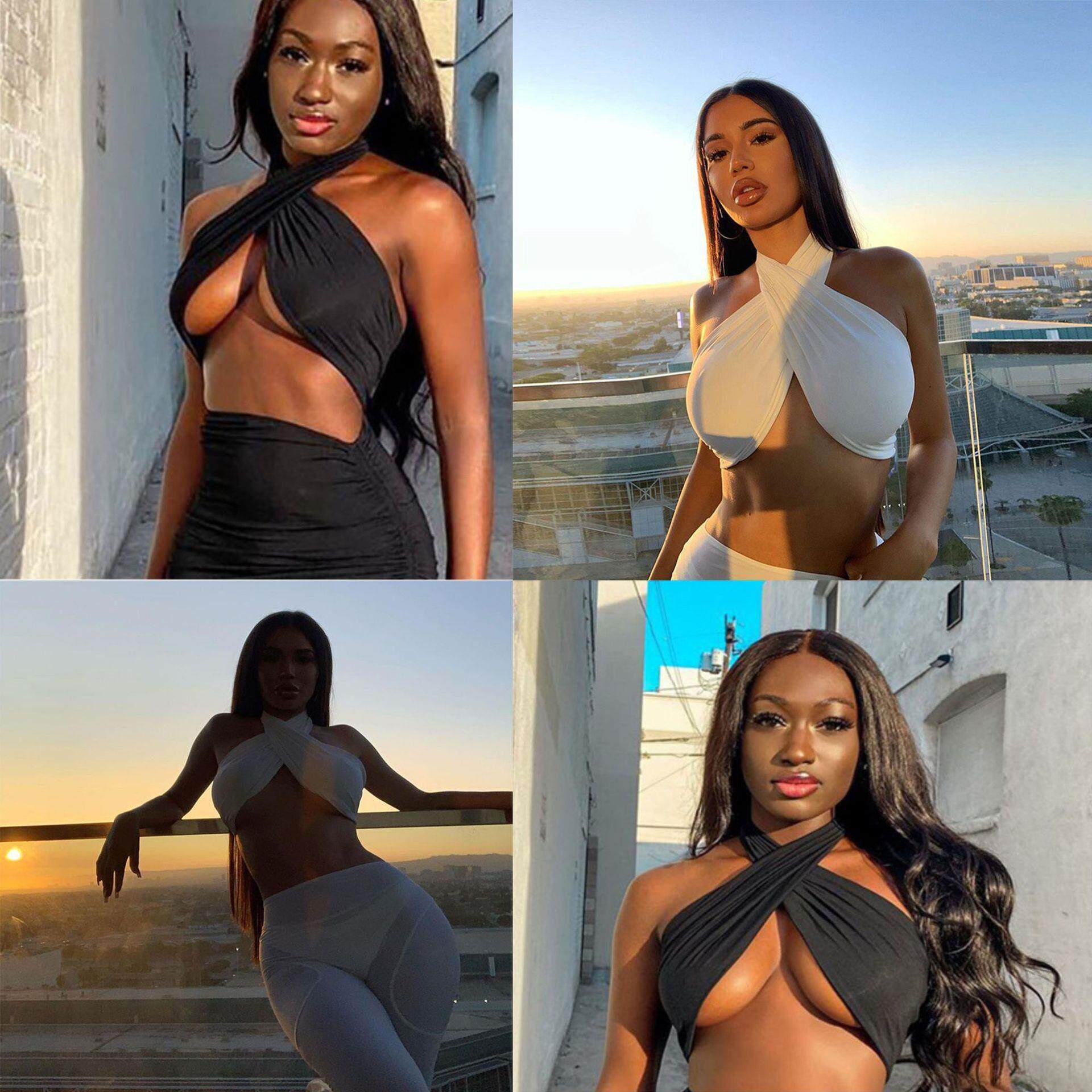 Summer solid color backless chest strapping women's sing - 实物图