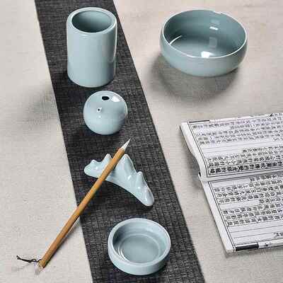 正品陶瓷文房四宝品书法写精字绘画品套装用包用具笔筒笔洗笔架砚