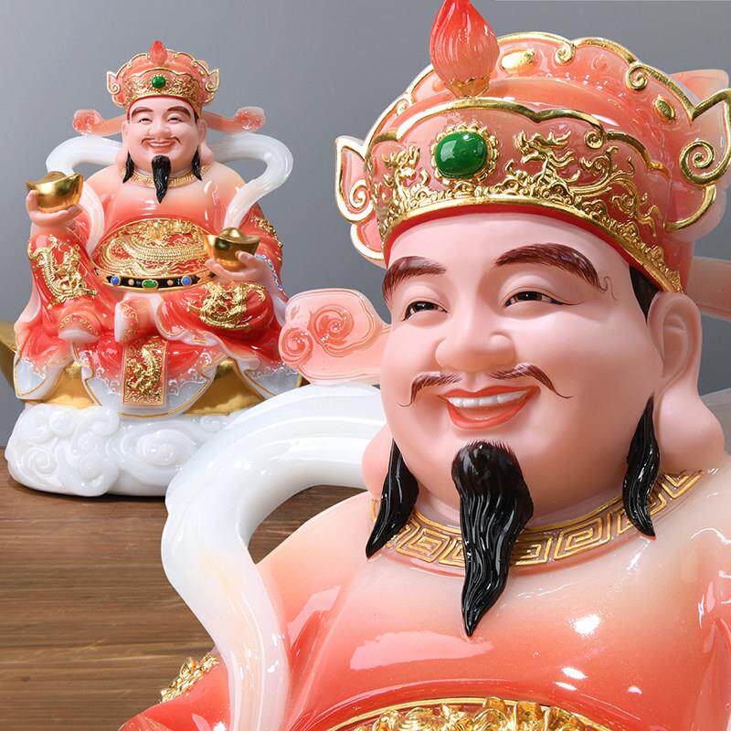 汉白玉财神爷石雕 金红袍财神神像摆件 手工雕刻文财神佛像