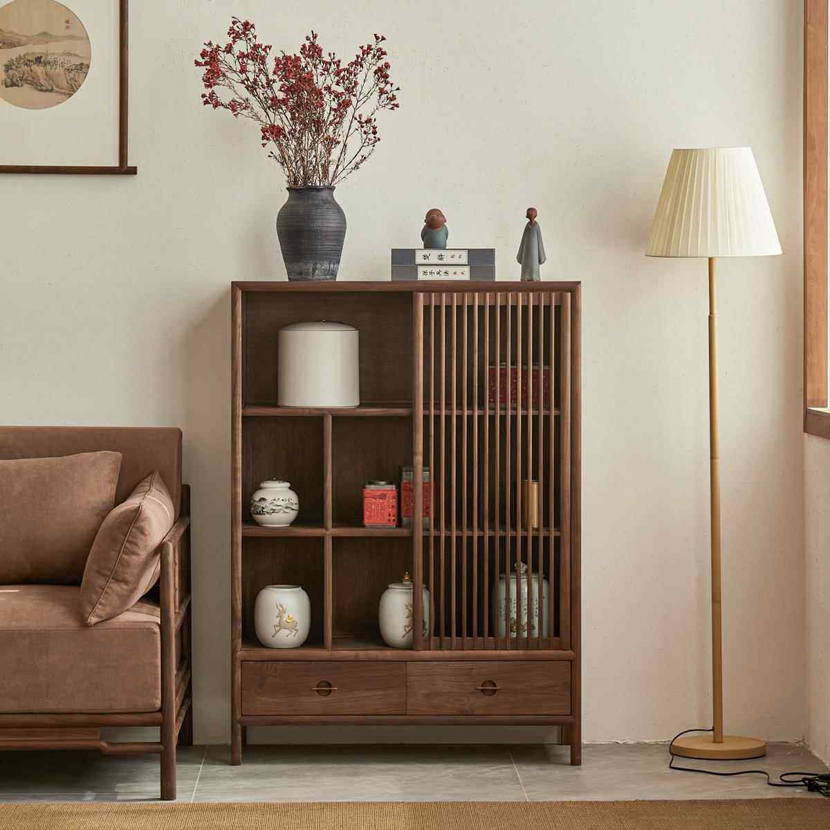 新中式实木餐边柜客厅边柜沙发侧边柜储物柜黑胡桃木茶桌柜茶边柜