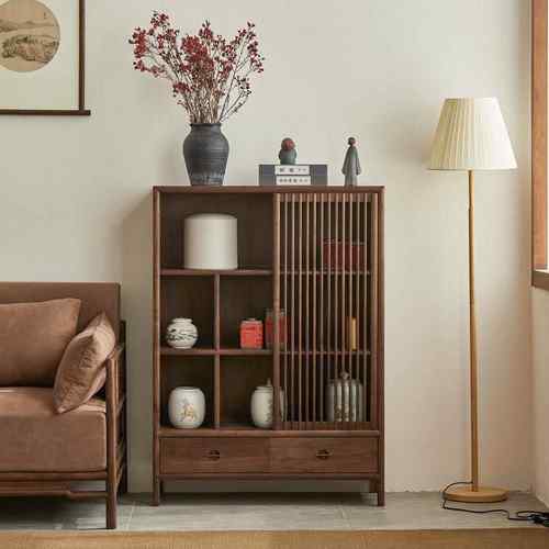 新中式实木餐边柜客厅边柜沙发侧边柜储物柜黑胡桃木茶桌柜茶边柜