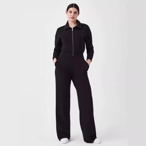 Collar long sleeved zipper sweatshirt wide leg jumpsuit