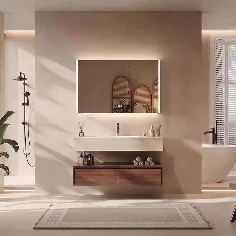 2025新款胡桃木厕所浴室柜岩板无缝陶瓷一体式手脸池盆洗漱台组合