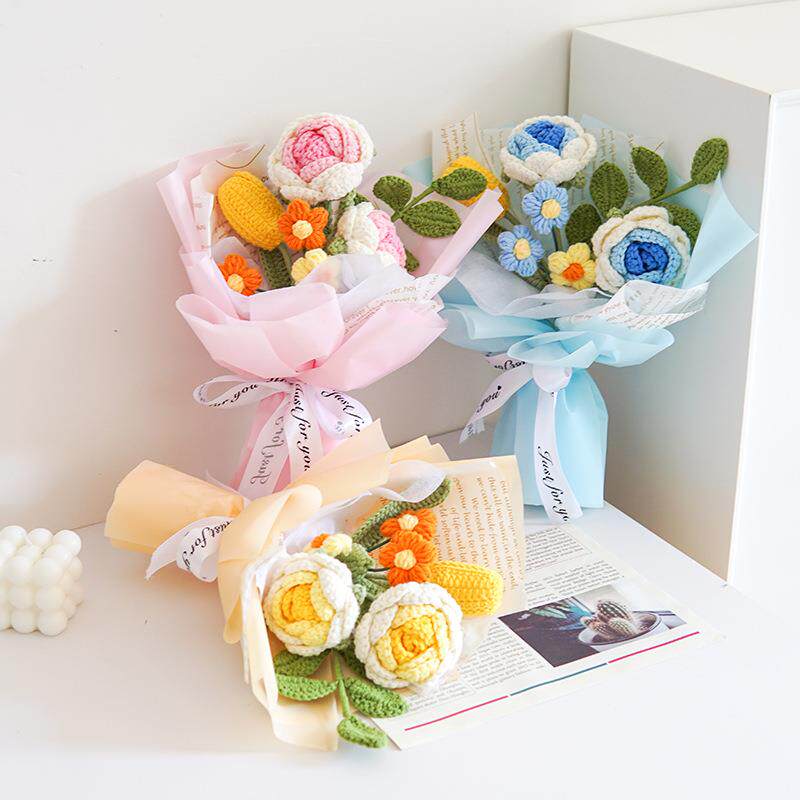 手工针织毛线小花束成品混搭仿真花教师节闺蜜结婚礼品假花包好发