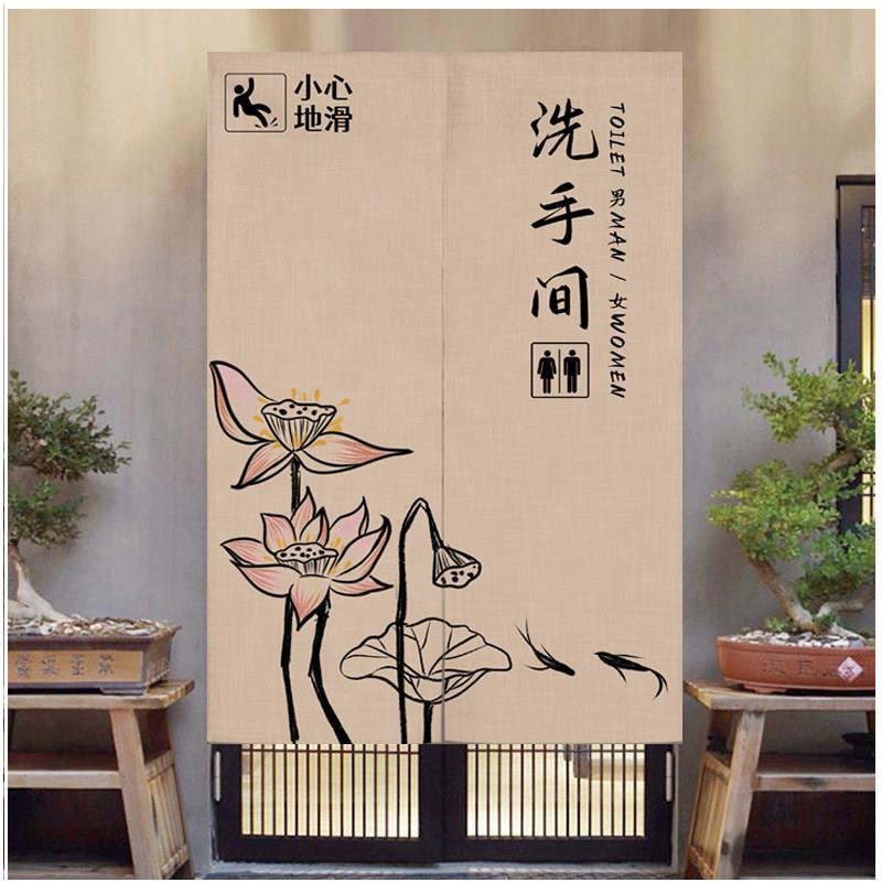 中式卫生间布艺隔断帘定制门帘水墨风洗手间半帘商用饭店餐厅挂帘