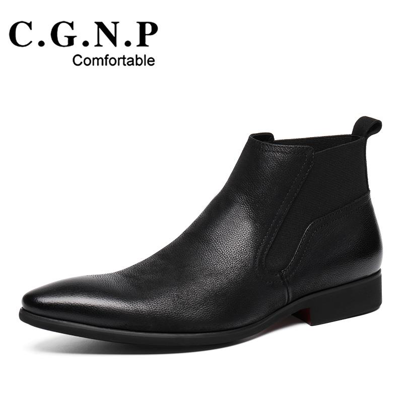 高档冬韩伦版男士高帮皮鞋男尖头真皮靴男靴英加绒马丁靴中帮短子