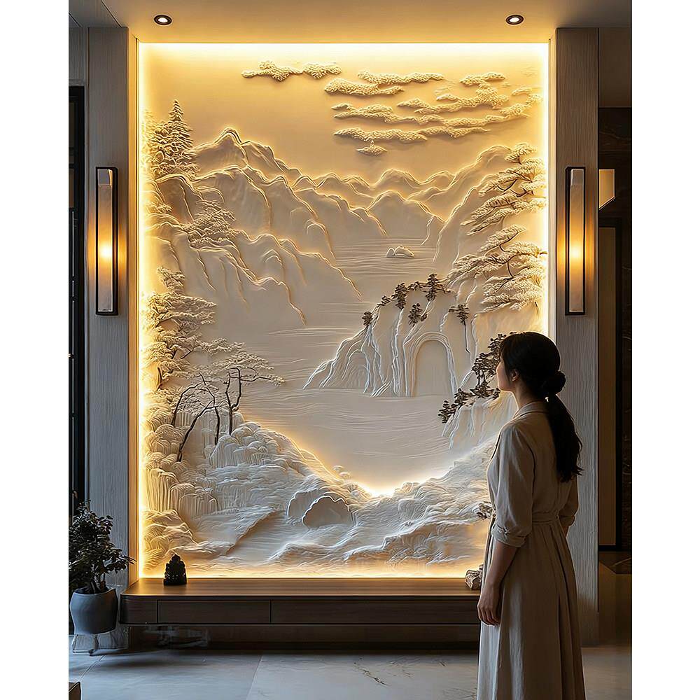 精雕背景墙玄关装饰画仿雕塑复式挑空客厅沙发立体浮雕电视背景墙