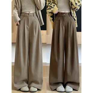 棕咖色灯芯绒裤子女秋冬高腰垂感宽松直筒裤垂感小个子加绒阔腿裤