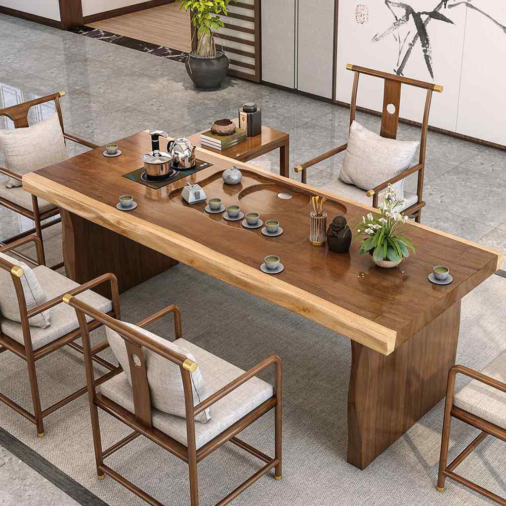 新中式实木大板茶桌办公室禅意功夫茶台家用休闲泡茶桌椅组合