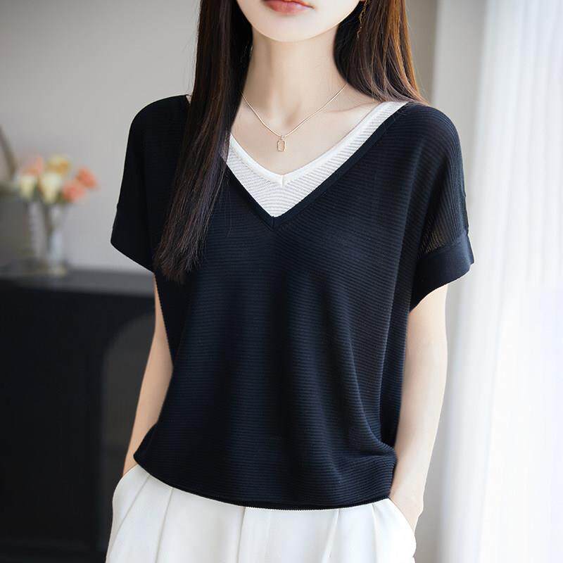 假两件冰丝V领针织短袖T恤女2026夏季新款宽松条纹小飞袖撞色上衣