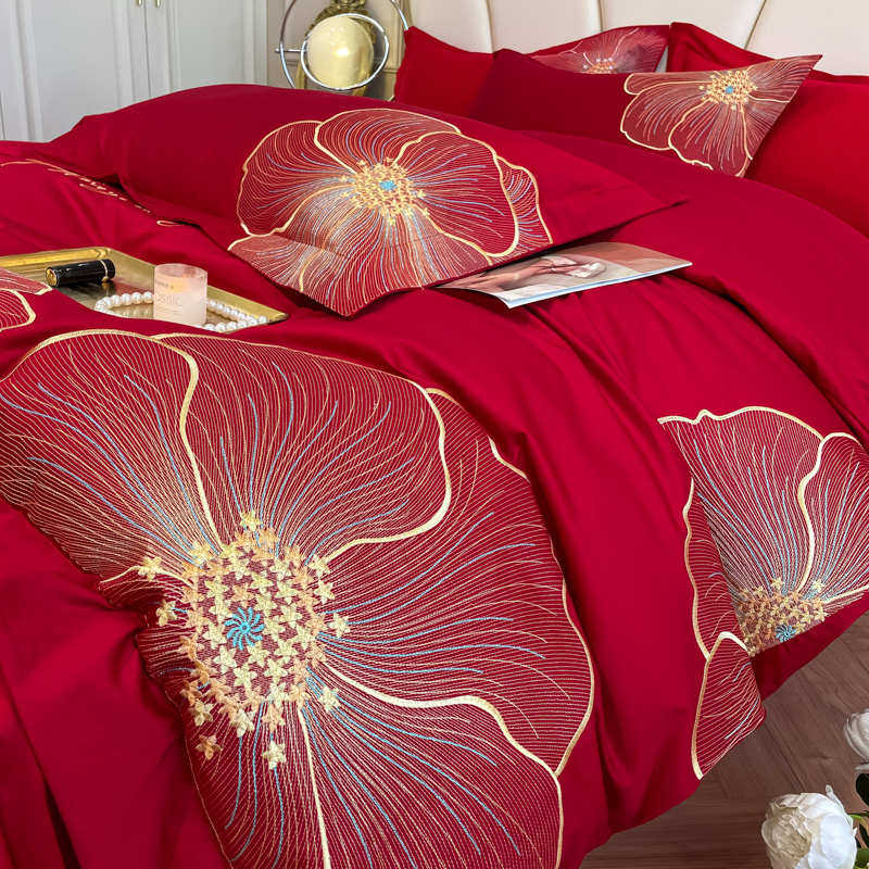 140支全棉结婚四件套纯棉100红色刺绣被套床单床上用品新婚庆陪嫁,床上用品,婚庆床品套件,淘宝优惠券,粉丝福利购,淘宝优惠卷