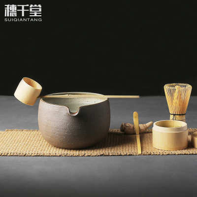 穗千堂日式抹茶竹水勺 舀茶勺建水茶缸茶碗 手工粗陶渣斗温茶酒碗