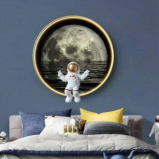 月球玄关装饰画灯光画男孩儿童房实物画圆形灯画餐厅客厅过道壁画