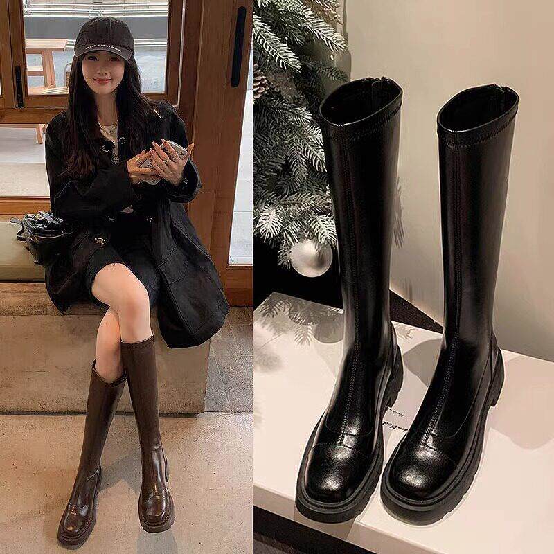 香港黑色厚底粗跟高筒靴女新款不过膝长靴真皮弹力瘦瘦靴骑行靴子