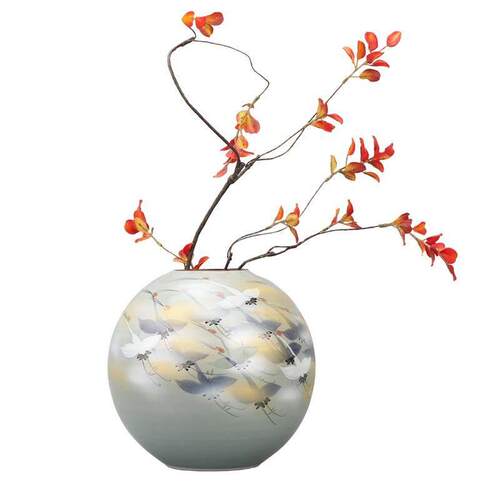 现代新中式手绘千鹤陶瓷花瓶摆件样板间书房客厅玄关桌面插花花器