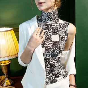 2025春季新款高领亮丝网纱打底衫女内搭无袖黑白印花格子洋气背心