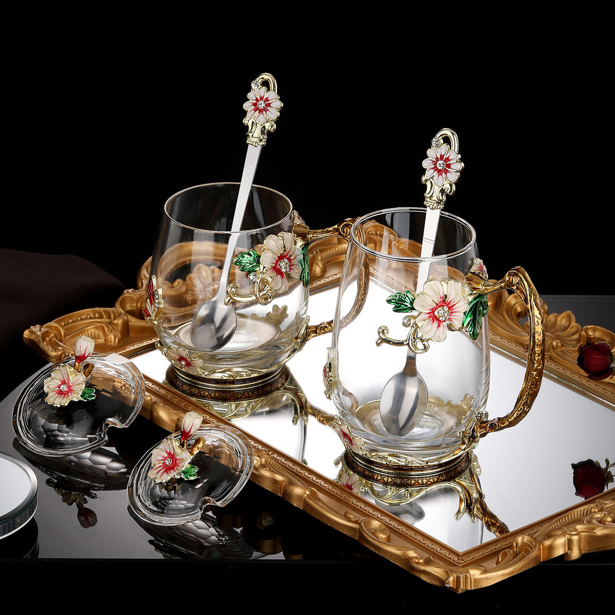 珐琅彩茶杯高颜值杯子办公室咖啡杯女士茶杯高级感轻奢水晶玻璃杯