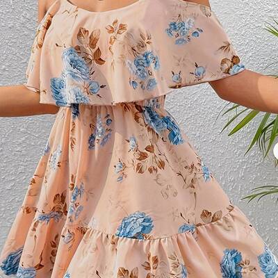 Women's Ditsy Floral Print Ruffle Trim A-Line Dress Chic