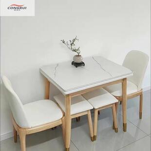 家用小户型岩板折叠餐桌实木可伸缩现代简约轻奢饭桌长方形省空间