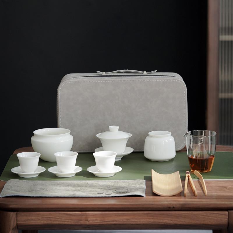 白瓷茶艺培训茶具套装茶艺师教学套组便携旅行茶具简约茶器收纳包