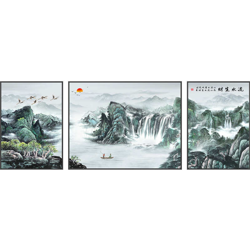 新中式装饰画中国风靠山山水大幅三联壁画流水生财招财客厅晶瓷画